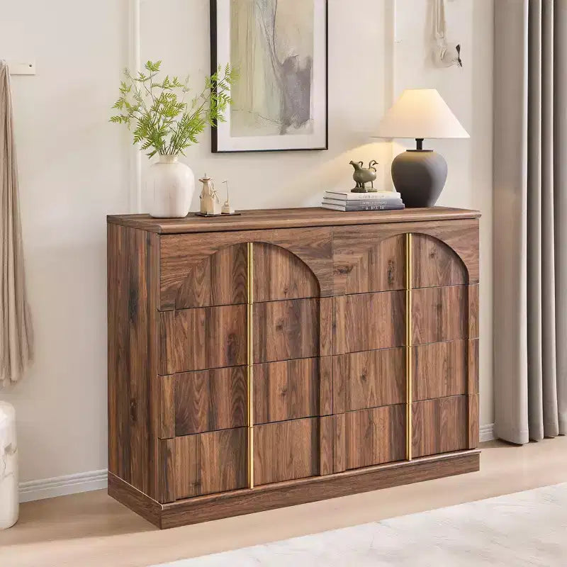 Commode à 8 tiroirs pour chambre à coucher, commode moderne de 120 cm de large avec poignées dorées, commode en bois, meuble TV, organisateur de rangement pour vêtements de placard