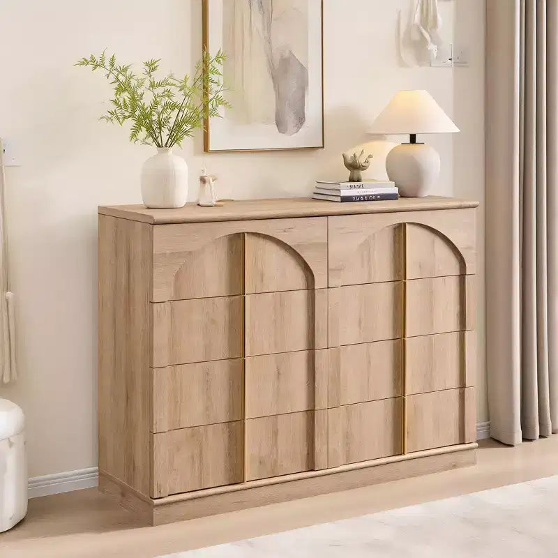 Commode à 8 tiroirs pour chambre à coucher, commode moderne de 120 cm de large avec poignées dorées, commode en bois, meuble TV, organisateur de rangement pour vêtements de placard