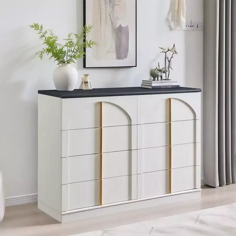Commode à 8 tiroirs pour chambre à coucher, commode moderne de 120 cm de large avec poignées dorées, commode en bois, meuble TV, organisateur de rangement pour vêtements de placard