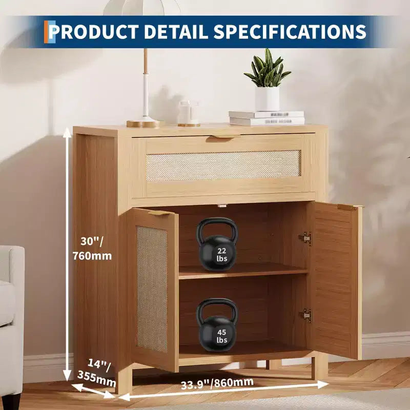 Bahut, Buffet de Rangement Moderne en Bois et Rotin avec Étagères Réglables et Tiroirs, Croyance Polyvalente