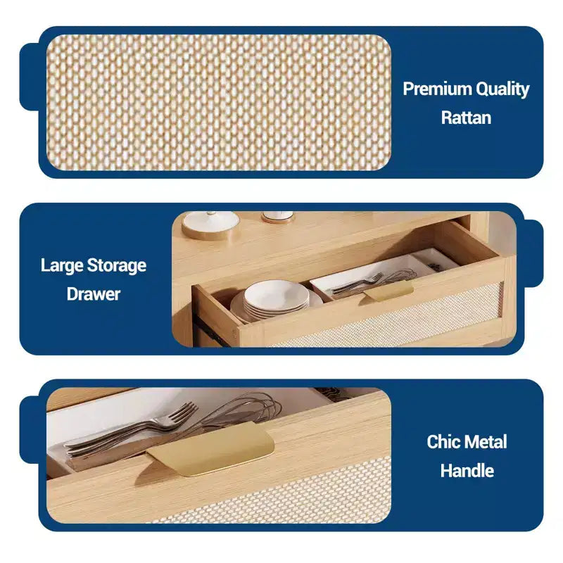 Bahut, Buffet de Rangement Moderne en Bois et Rotin avec Étagères Réglables et Tiroirs, Croyance Polyvalente
