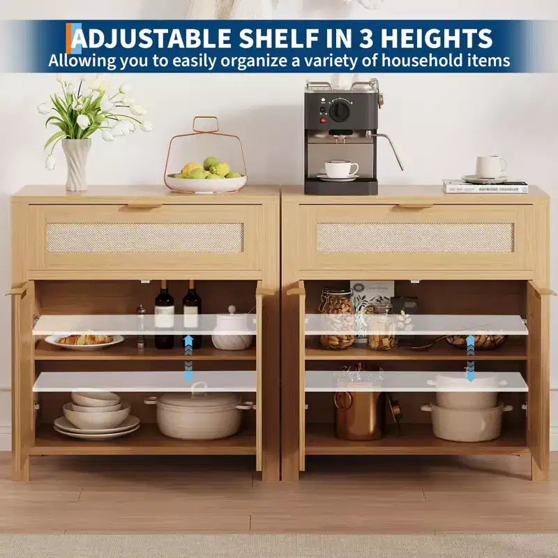 Bahut, Buffet de Rangement Moderne en Bois et Rotin avec Étagères Réglables et Tiroirs, Croyance Polyvalente