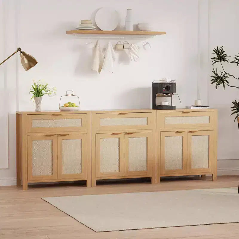 Bahut, Buffet de Rangement Moderne en Bois et Rotin avec Étagères Réglables et Tiroirs, Croyance Polyvalente