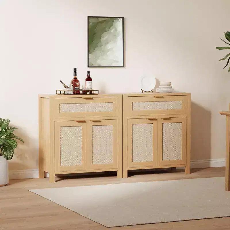 Bahut, Buffet de Rangement Moderne en Bois et Rotin avec Étagères Réglables et Tiroirs, Croyance Polyvalente