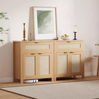 Bahut, Buffet de Rangement Moderne en Bois et Rotin avec Étagères Réglables et Tiroirs, Croyance Polyvalente