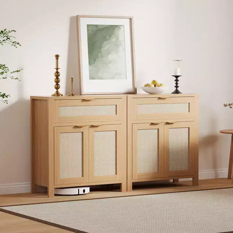 Bahut, Buffet de Rangement Moderne en Bois et Rotin avec Étagères Réglables et Tiroirs, Croyance Polyvalente