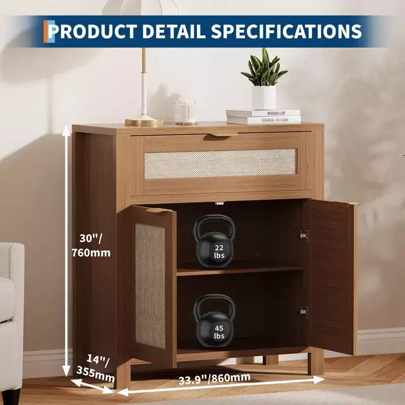 Bahut, Buffet de Rangement Moderne en Bois et Rotin avec Étagères Réglables et Tiroirs, Croyance Polyvalente