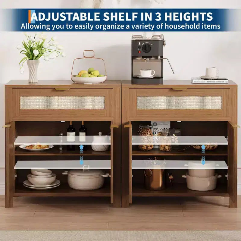 Bahut, Buffet de Rangement Moderne en Bois et Rotin avec Étagères Réglables et Tiroirs, Croyance Polyvalente