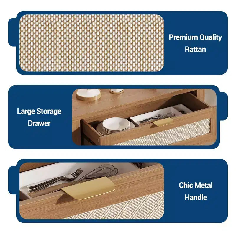 Bahut, Buffet de Rangement Moderne en Bois et Rotin avec Étagères Réglables et Tiroirs, Croyance Polyvalente