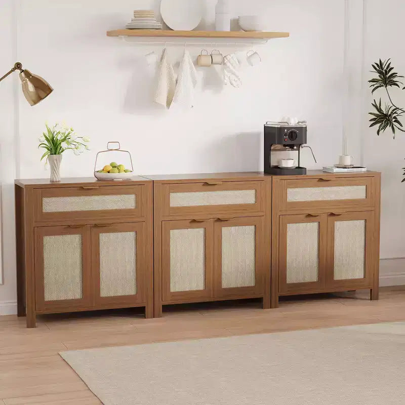 Bahut, Buffet de Rangement Moderne en Bois et Rotin avec Étagères Réglables et Tiroirs, Croyance Polyvalente