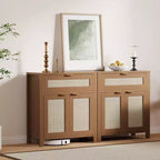 Bahut, Buffet de Rangement Moderne en Bois et Rotin avec Étagères Réglables et Tiroirs, Croyance Polyvalente