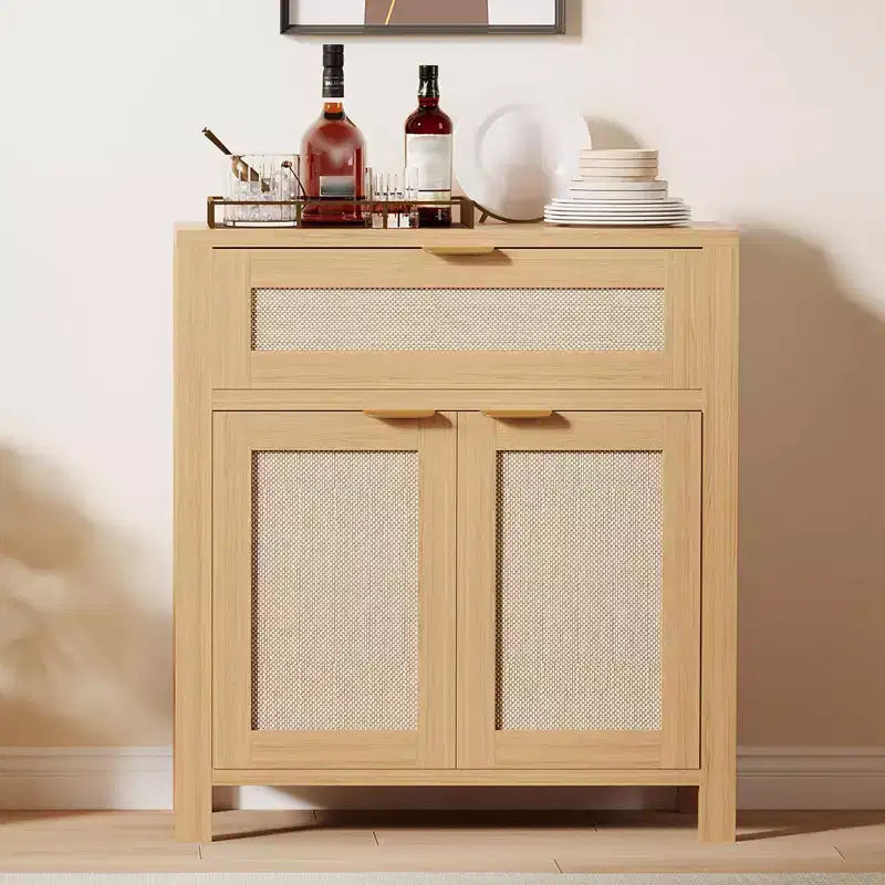 Bahut, Buffet de Rangement Moderne en Bois et Rotin avec Étagères Réglables et Tiroirs, Croyance Polyvalente