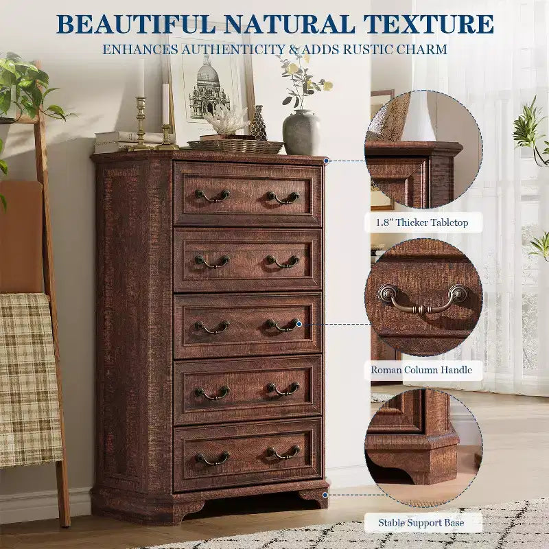 Commode de Ferme à 5 Tiroirs, Grande Commode Vintage de 122 cm