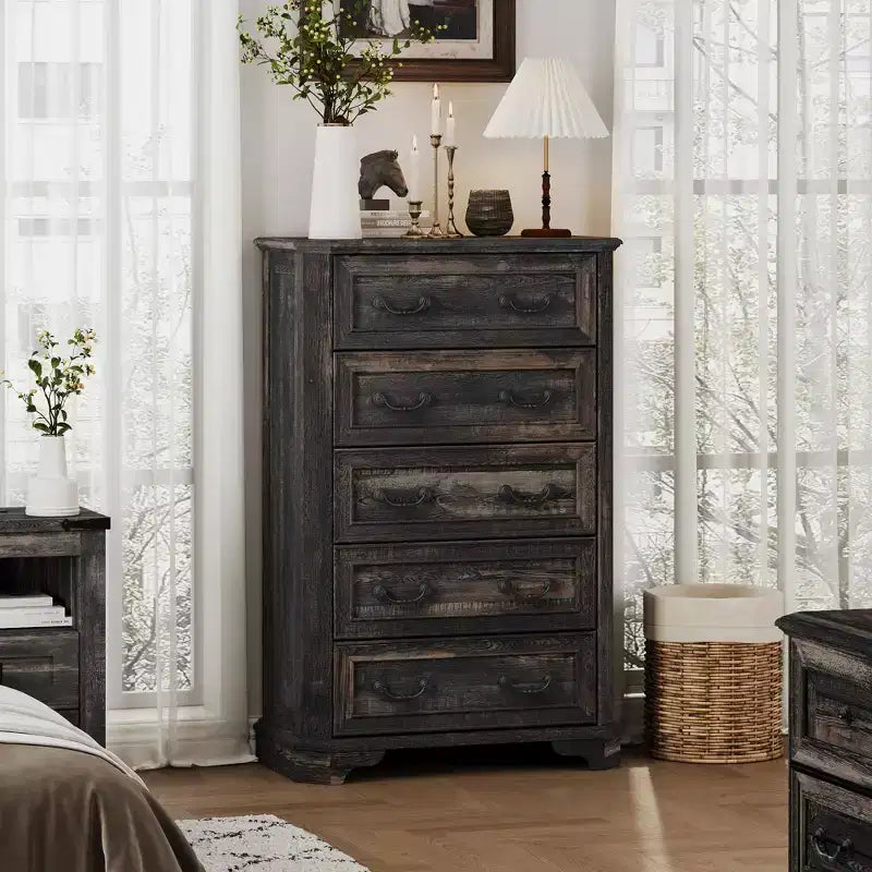 Commode de Ferme à 5 Tiroirs, Grande Commode Vintage de 122 cm