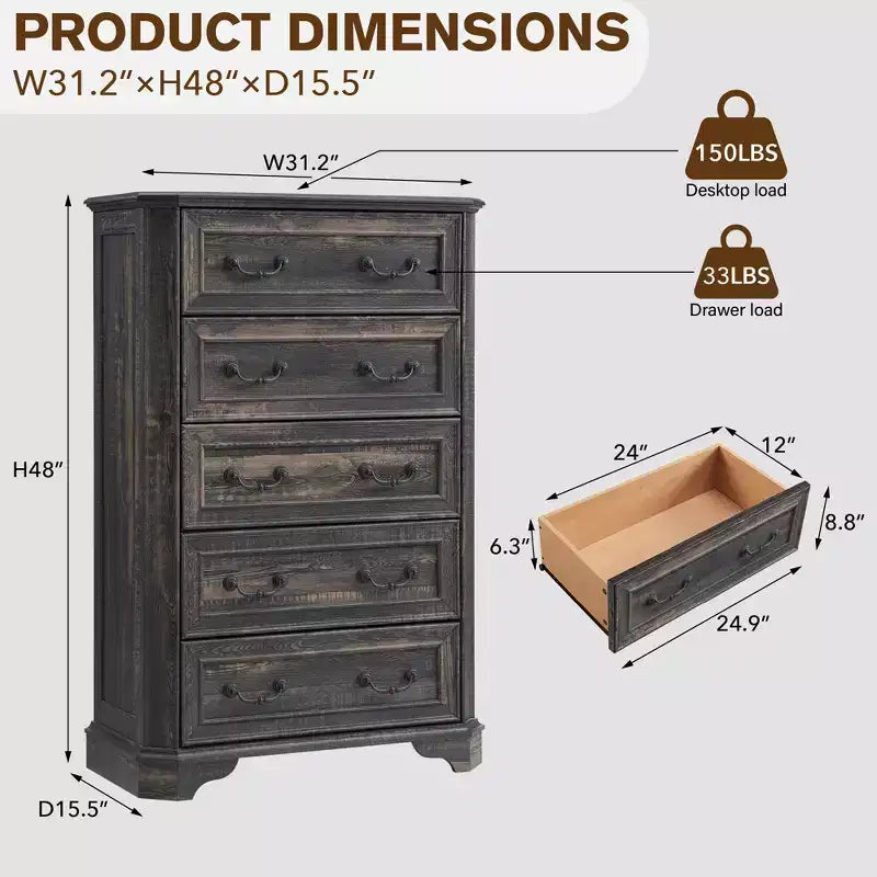 Commode de Ferme à 5 Tiroirs, Grande Commode Vintage de 122 cm