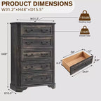 Commode de Ferme à 5 Tiroirs, Grande Commode Vintage de 122 cm