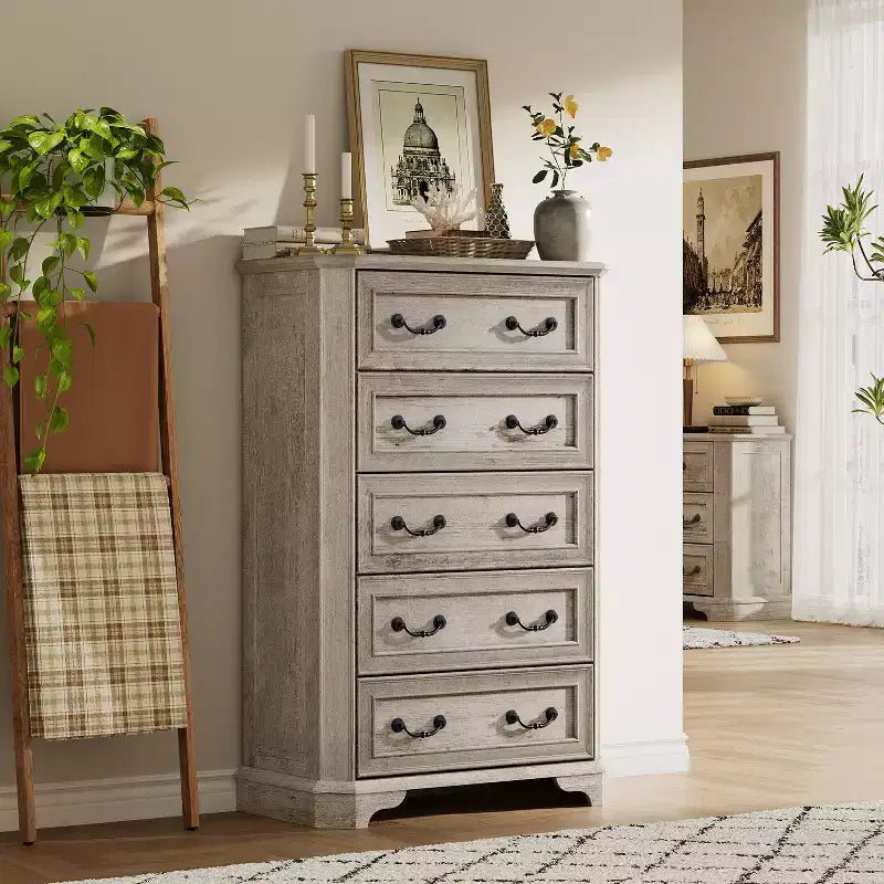 Commode de Ferme à 5 Tiroirs, Grande Commode Vintage de 122 cm