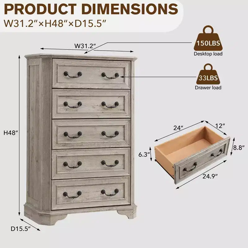 Commode de Ferme à 5 Tiroirs, Grande Commode Vintage de 122 cm