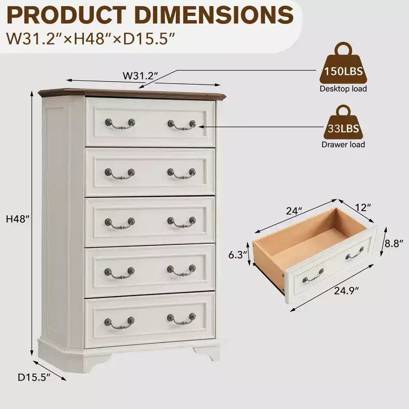 Commode de Ferme à 5 Tiroirs, Grande Commode Vintage de 122 cm