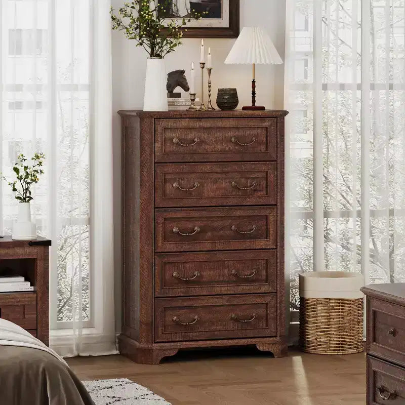 Commode de Ferme à 5 Tiroirs, Grande Commode Vintage de 122 cm