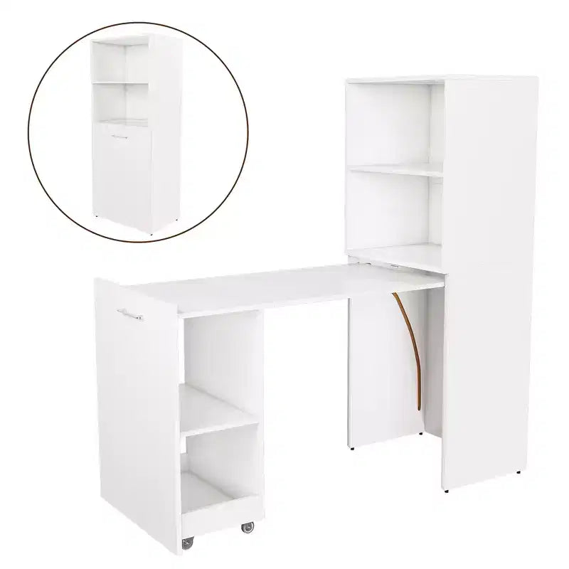 Bureau extensible avec étagères de rangement et roulettes, design pliable pour petits espaces et bureaux (blanc)