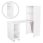 Bureau extensible avec étagères de rangement et roulettes, design pliable pour petits espaces et bureaux (blanc)
