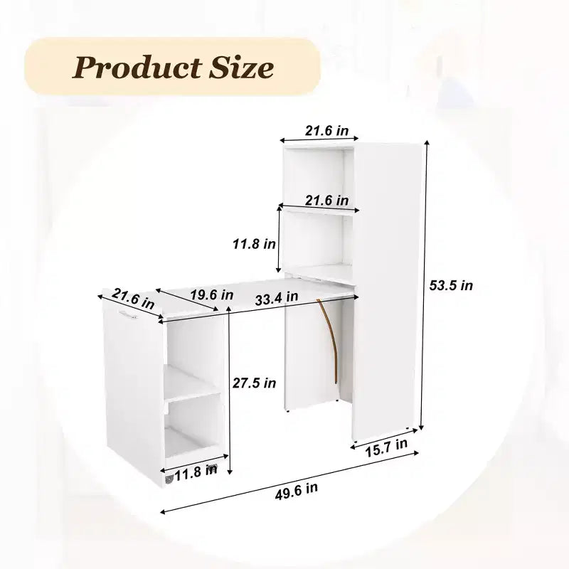 Bureau extensible avec étagères de rangement et roulettes, design pliable pour petits espaces et bureaux (blanc)