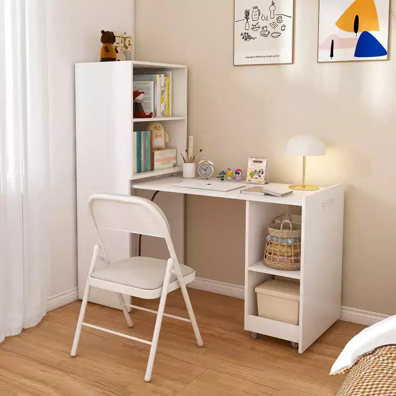 Bureau extensible avec étagères de rangement et roulettes, design pliable pour petits espaces et bureaux (blanc)