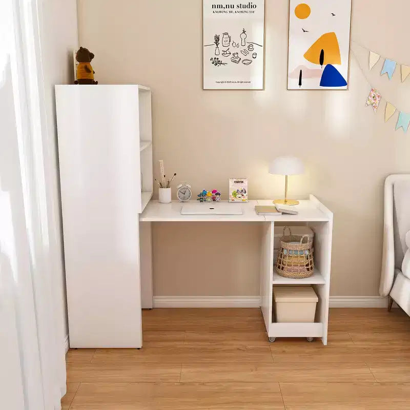 Bureau extensible avec étagères de rangement et roulettes, design pliable pour petits espaces et bureaux (blanc)