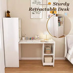 Bureau extensible avec étagères de rangement et roulettes, design pliable pour petits espaces et bureaux (blanc)