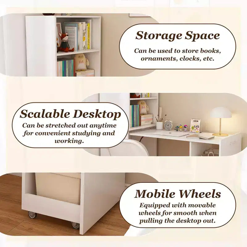 Bureau extensible avec étagères de rangement et roulettes, design pliable pour petits espaces et bureaux (blanc)