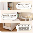 Bureau extensible avec étagères de rangement et roulettes, design pliable pour petits espaces et bureaux (blanc)