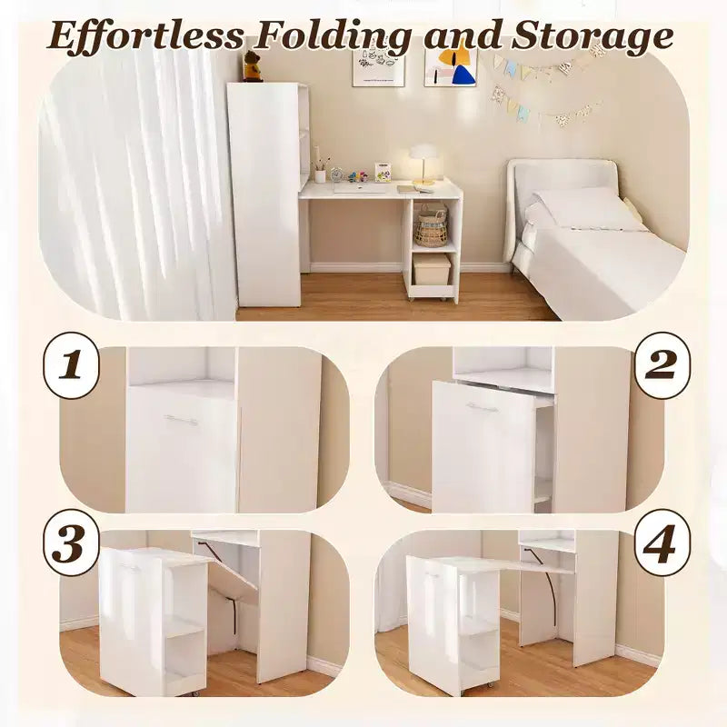 Bureau extensible avec étagères de rangement et roulettes, design pliable pour petits espaces et bureaux (blanc)