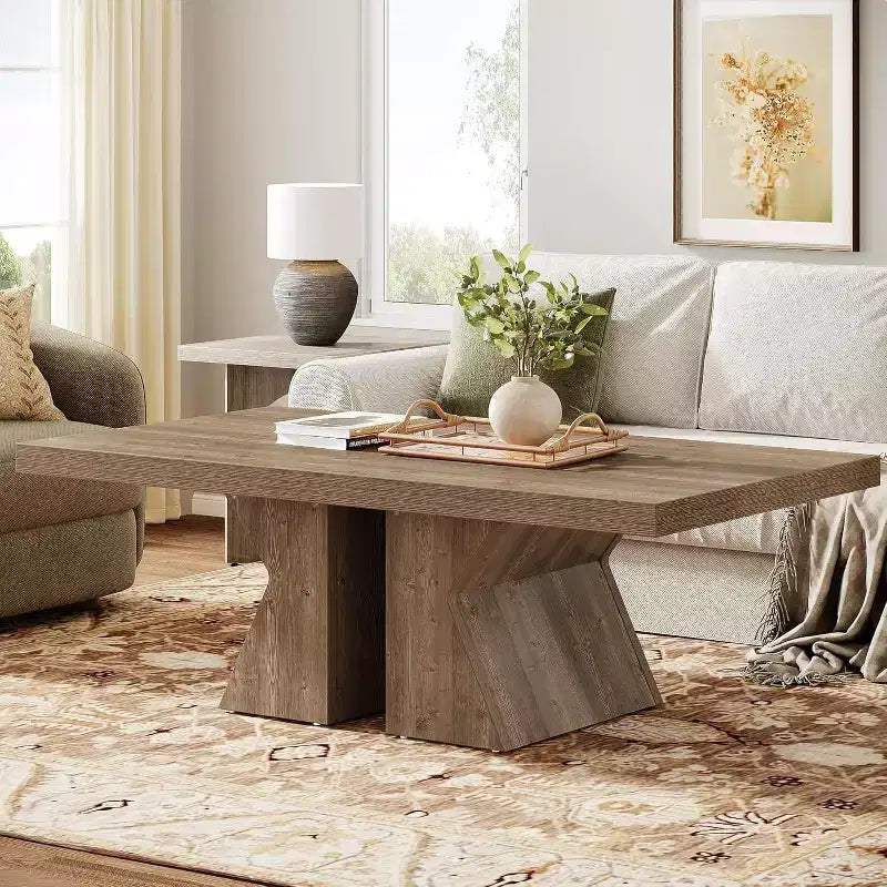 Table basse Lantine Wood, table basse rectangulaire de 47 pouces avec base en bois épais, table basse style ferme pour salon (marron)