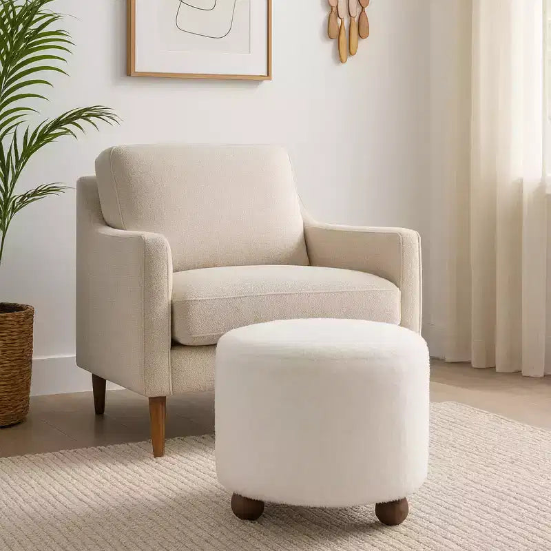 Ottoman décoratif en fausse fourrure capitonné avec pieds sphériques – Accessoire de décoration d'intérieur contemporain pour coiffeuse, chambre et repose-pieds – 15, ivoire