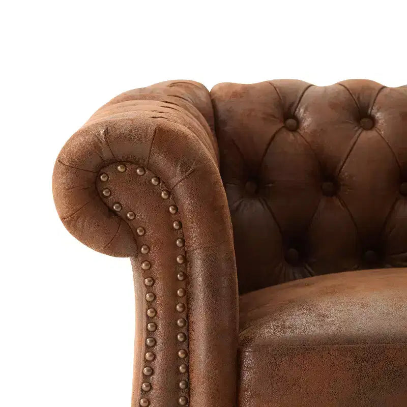 Fauteuil club Chesterfield, fauteuil d'appoint rembourré, fauteuil simple, fauteuil de loisirs avec accoudoirs volutes, garniture cloutée et pieds en bois massif, marron - ModernLuxe