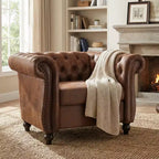 Fauteuil club Chesterfield, fauteuil d'appoint rembourré, fauteuil simple, fauteuil de loisirs avec accoudoirs volutes, garniture cloutée et pieds en bois massif, marron - ModernLuxe