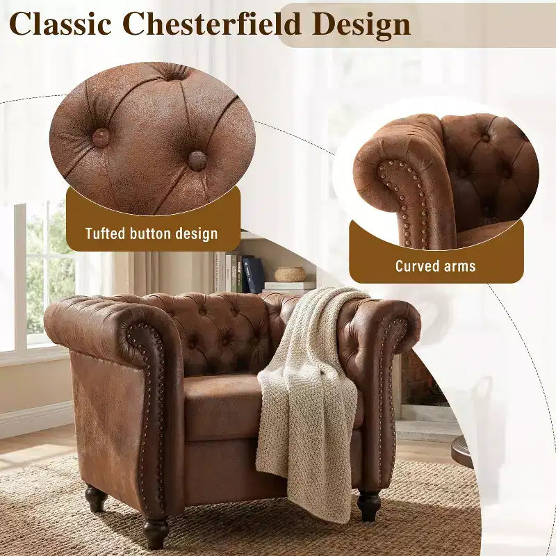 Fauteuil club Chesterfield, fauteuil d'appoint rembourré, fauteuil simple, fauteuil de loisirs avec accoudoirs volutes, garniture cloutée et pieds en bois massif, marron - ModernLuxe