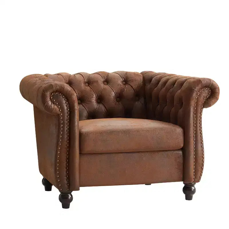 Fauteuil club Chesterfield, fauteuil d'appoint rembourré, fauteuil simple, fauteuil de loisirs avec accoudoirs volutes, garniture cloutée et pieds en bois massif, marron - ModernLuxe