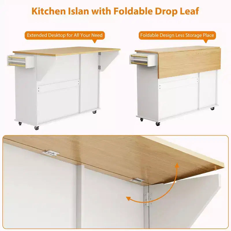 Desserte de cuisine roulante avec rangement, îlot de 140 cm de large sur roulettes avec étagère à épices, porte-serviettes, porte-couteaux et rangement pour poubelle.