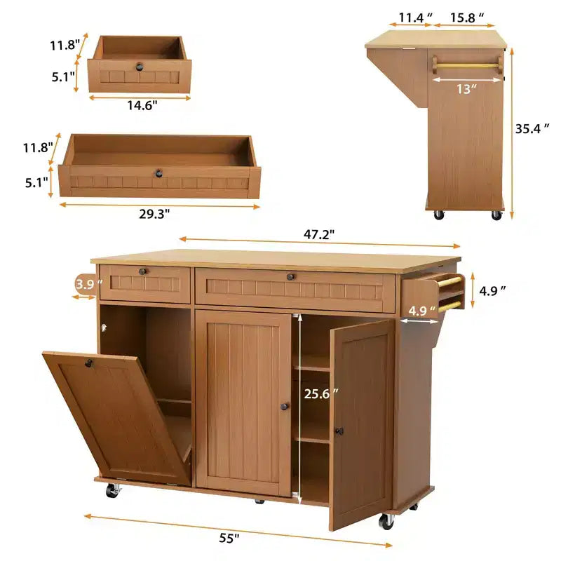 Desserte de cuisine roulante avec rangement, îlot de 140 cm de large sur roulettes avec étagère à épices, porte-serviettes, porte-couteaux et rangement pour poubelle.