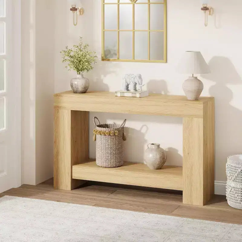 47in Farmhouse Entryway Console Table, 2-Tier Rustic Sofa Table with Metal Legs for Behind Couch Hallway Living Room