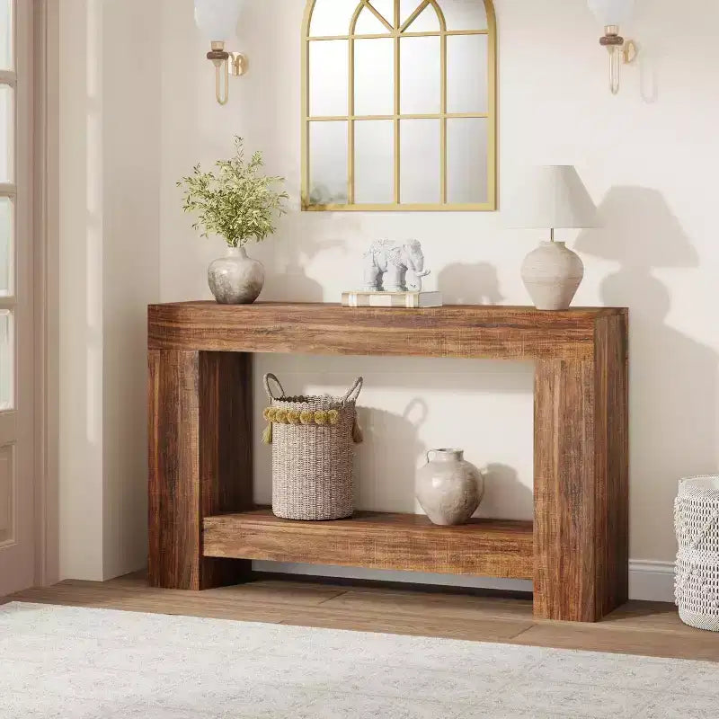 Table console d'entrée de ferme de 120 cm, table de canapé rustique à 2 niveaux avec pieds en métal pour derrière le canapé, le couloir ou le salon