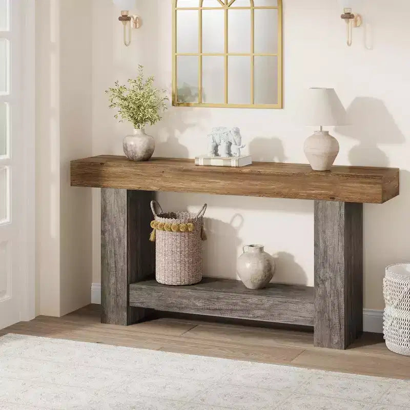 Table console de ferme de 63 po avec rangement à 2 niveaux, longue table d'entrée et de canapé pour le salon et le couloir