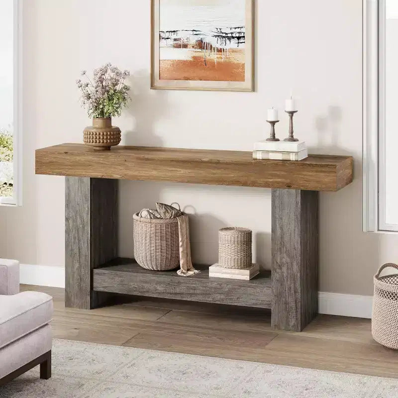 Table console de ferme de 63 po avec rangement à 2 niveaux, longue table d'entrée et de canapé pour le salon et le couloir