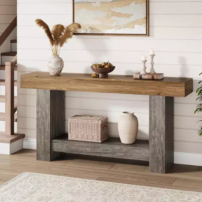 Table console de ferme de 63 po avec rangement à 2 niveaux, longue table d'entrée et de canapé pour le salon et le couloir