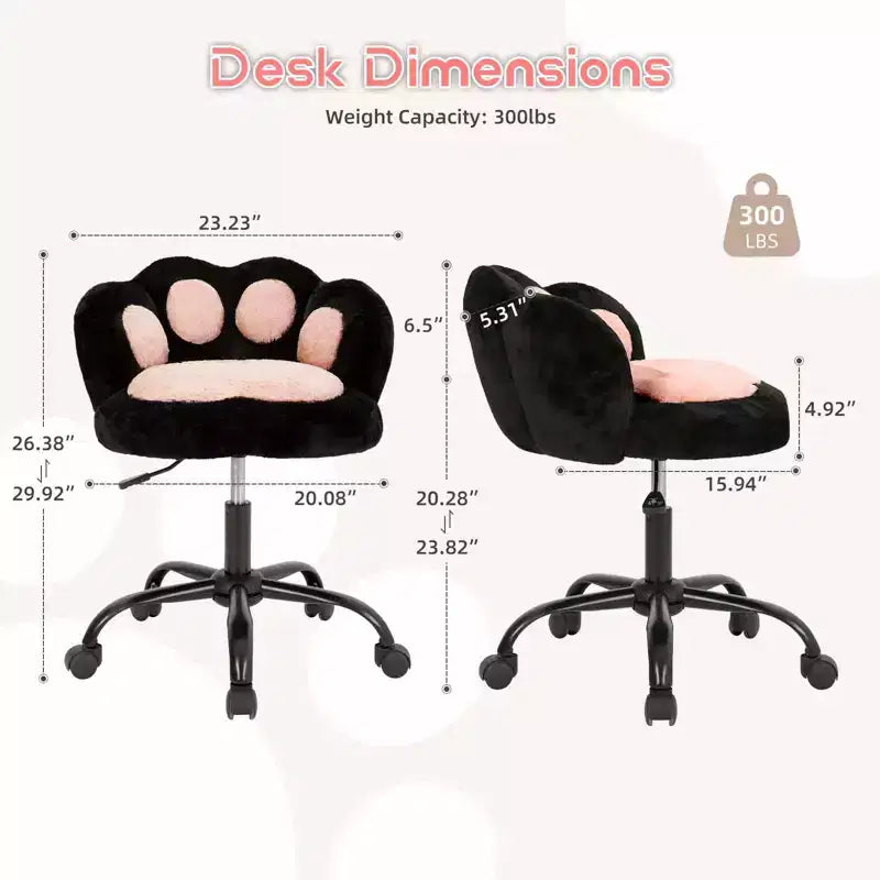 Chaise de bureau sans accoudoirs avec dossier en forme de patte de chat, petite chaise de bureau mignonne avec roulettes, en tissu Teddy, pivotante à 360°, hauteur réglable