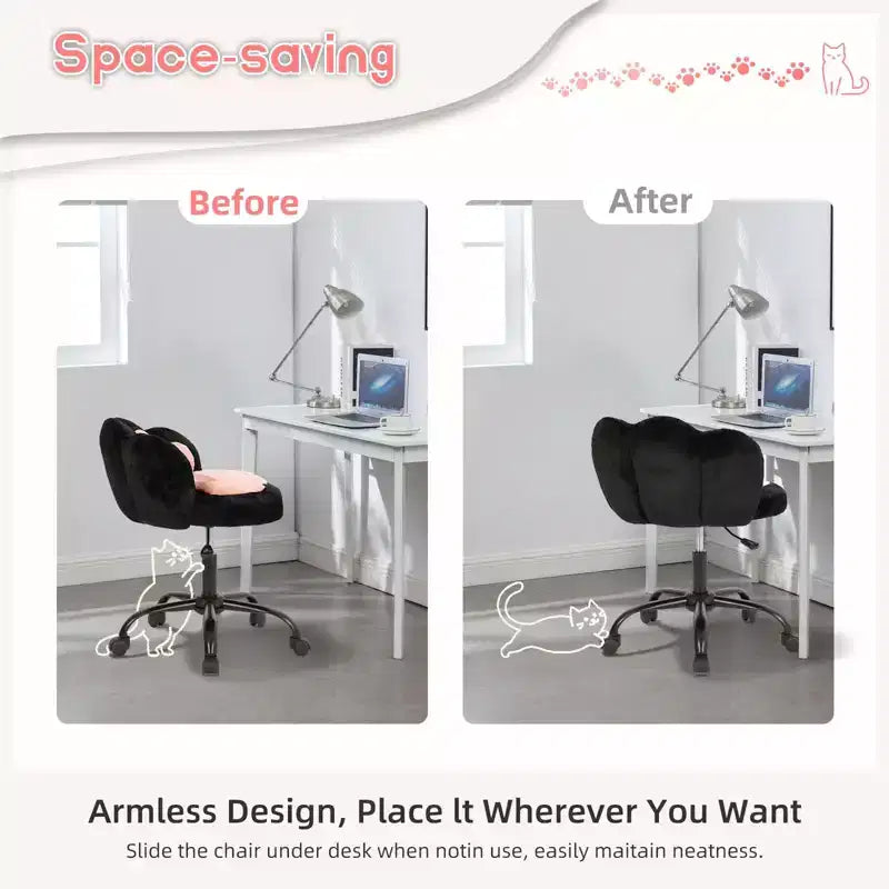 Chaise de bureau sans accoudoirs avec dossier en forme de patte de chat, petite chaise de bureau mignonne avec roulettes, en tissu Teddy, pivotante à 360°, hauteur réglable