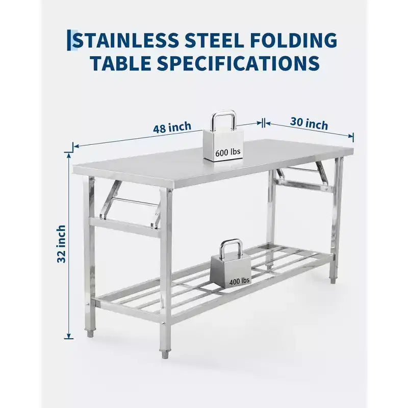 Table pliante robuste en acier inoxydable – Établi pliable à 2 niveaux avec étagère inférieure – Certifié NSF, portable, peu encombrant, facile à nettoyer