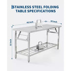 Table pliante robuste en acier inoxydable – Établi pliable à 2 niveaux avec étagère inférieure – Certifié NSF, portable, peu encombrant, facile à nettoyer